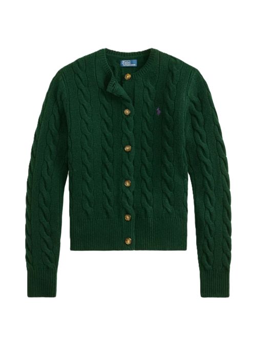 Cardigan girocollo in maglia di lana e cashmere a trecce verde con ricamo Pony Polo Ralph Lauren | 211-972104-503COLLEGE GREEN